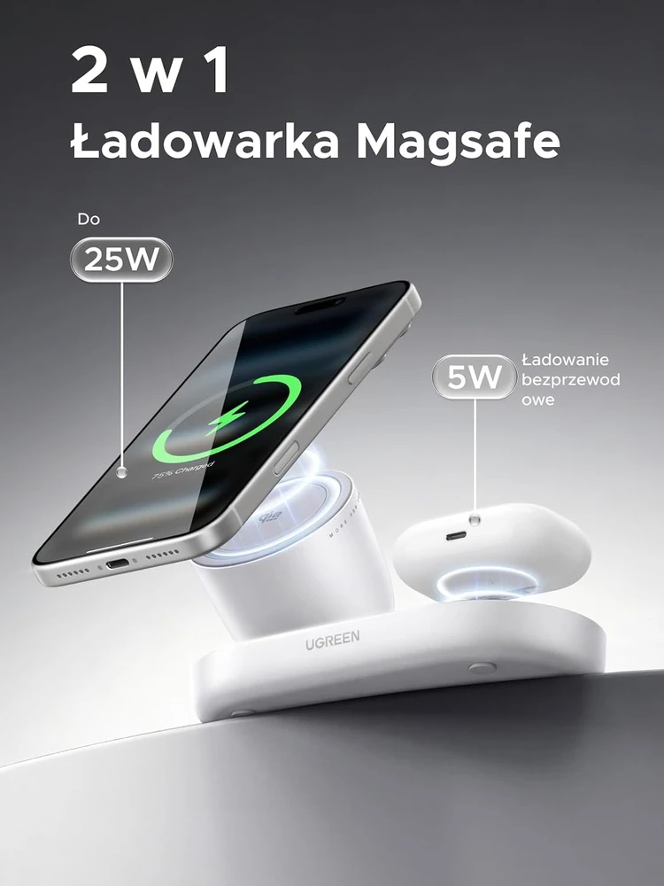 UGREEN belaidis magnetinis įkroviklis-stovas Qi2 25 W dviem įrenginiams W751