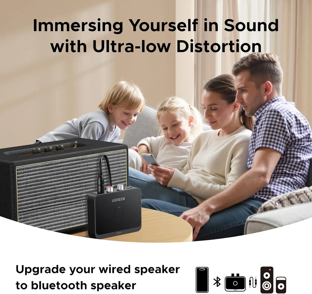 UGREEN Bluetooth garso imtuvas 6.0 su LDAC, 3.5 mm ir RCA išvestimis