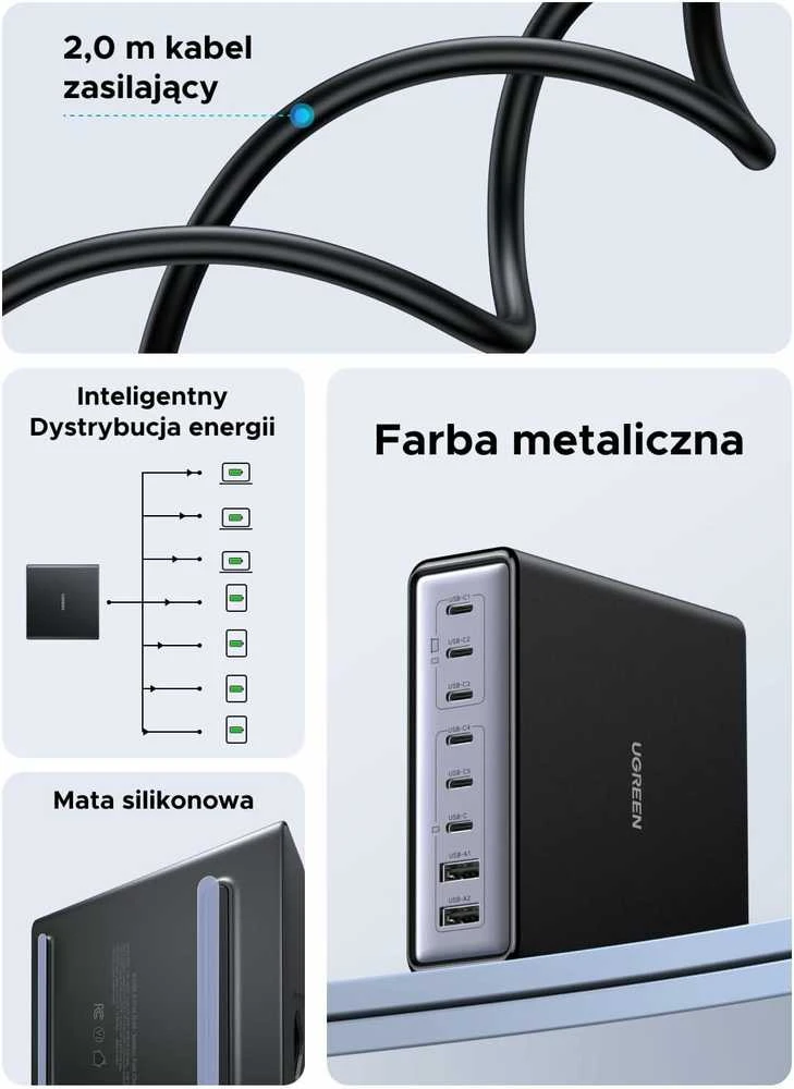 UGREEN GaN USB-C stalinė įkrovimo stotelė 200 W, 8x USB (6x USB-C, 2x USB-A), juoda