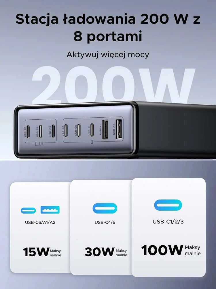 UGREEN GaN USB-C stalinė įkrovimo stotelė 200 W, 8x USB (6x USB-C, 2x USB-A), juoda