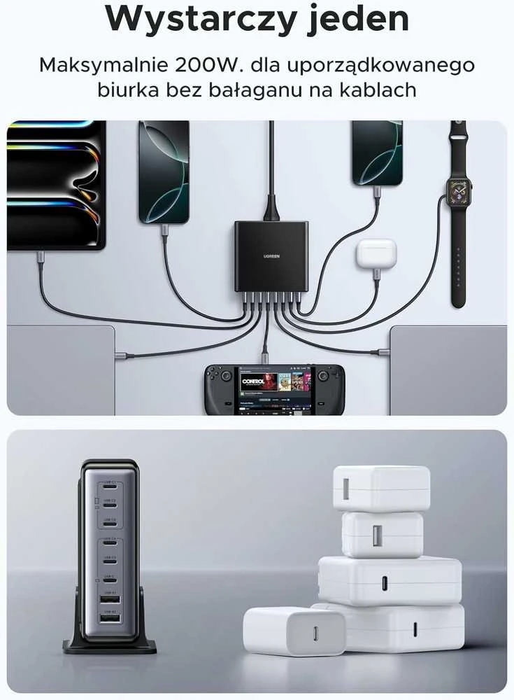 UGREEN GaN USB-C stalinė įkrovimo stotelė 200 W, 8x USB (6x USB-C, 2x USB-A), juoda