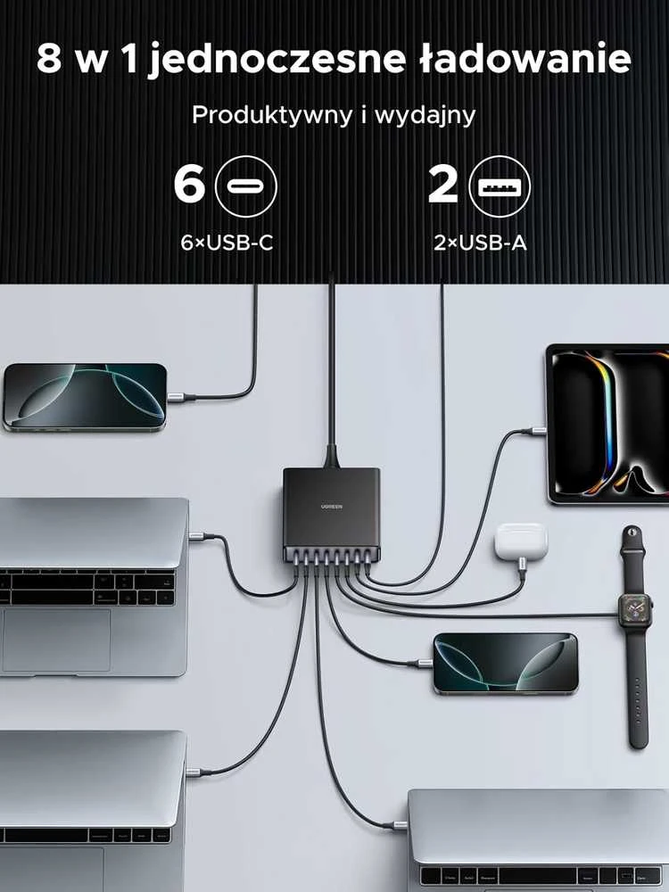 UGREEN GaN USB-C stalinė įkrovimo stotelė 200 W, 8x USB (6x USB-C, 2x USB-A), juoda