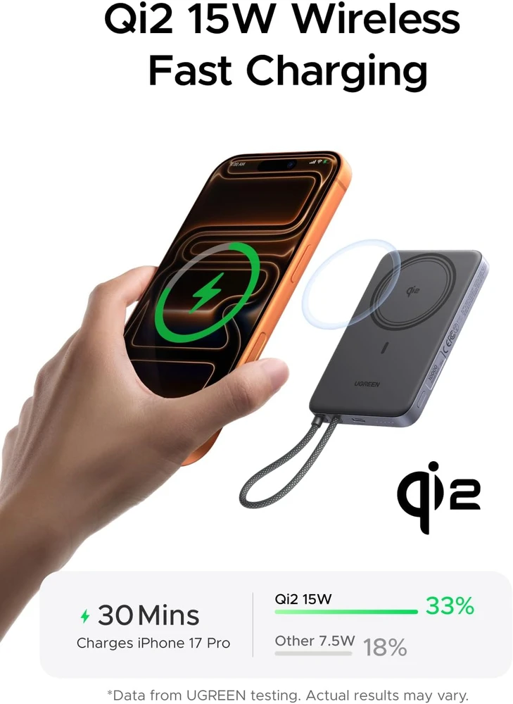 UGREEN MagFlow Air magnetinis belaidis powerbankas 10000 mAh Qi2 15 W su USB-C laidu PB570