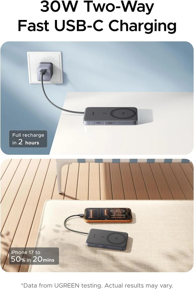 UGREEN MagFlow Air magnetinis belaidis powerbankas 10000 mAh Qi2 15 W su USB-C laidu PB570