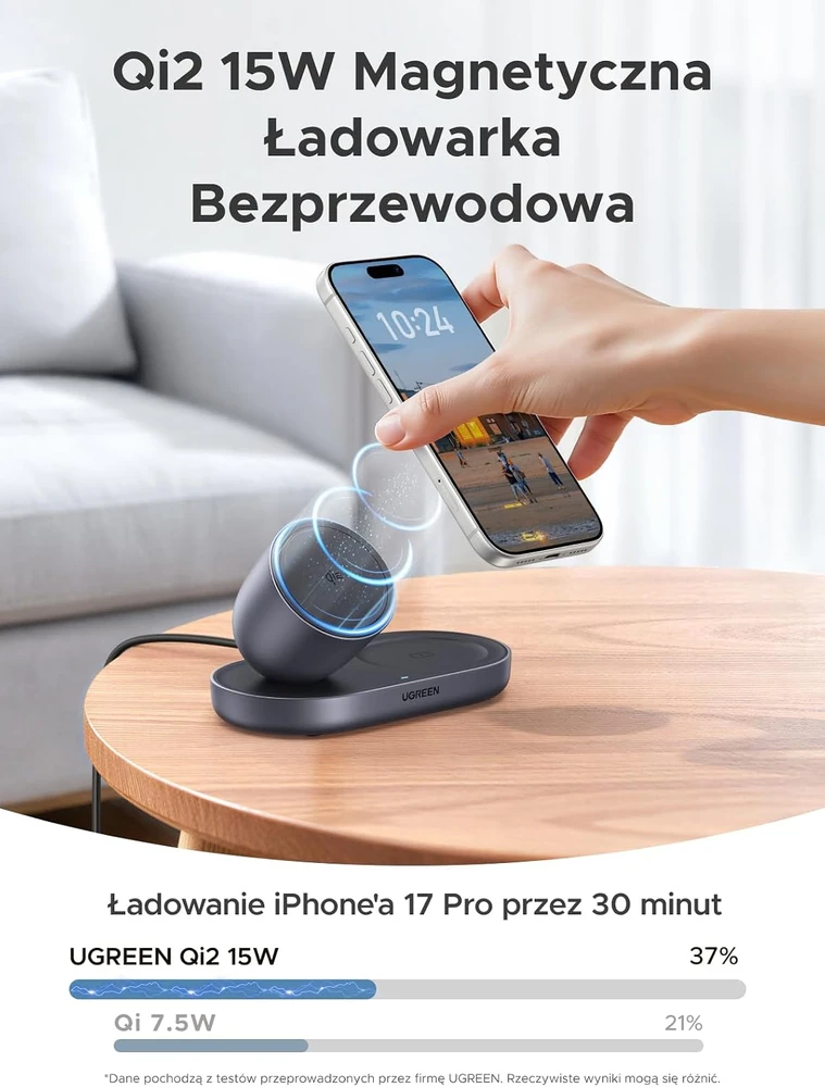 UGREEN magnetinė belaidė įkrovimo stotelė Qi2 15 W, 2 įrenginiams, W701