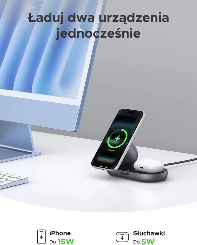UGREEN magnetinė belaidė įkrovimo stotelė Qi2 15 W, 2 įrenginiams, W701