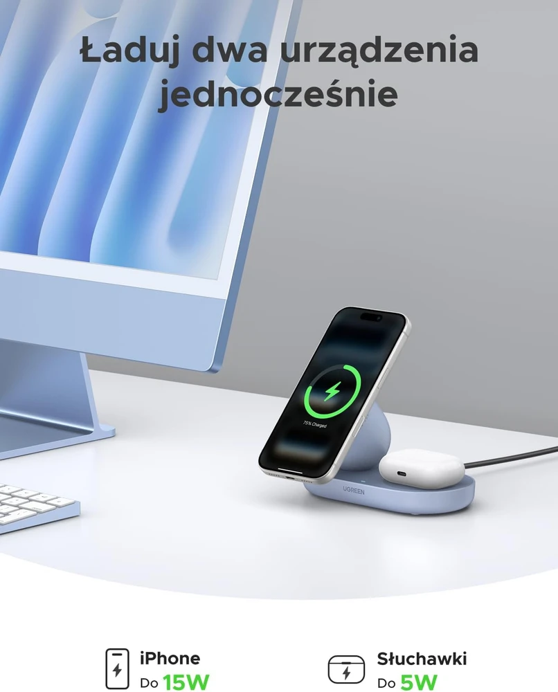 UGREEN magnetinis belaidis įkroviklis Qi2 15 W dviem įrenginiams W701