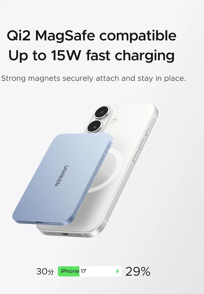 UGREEN magnetinis belaidis išorinis akumuliatorius 5000 mAh Qi2 15 W USB-C PB580