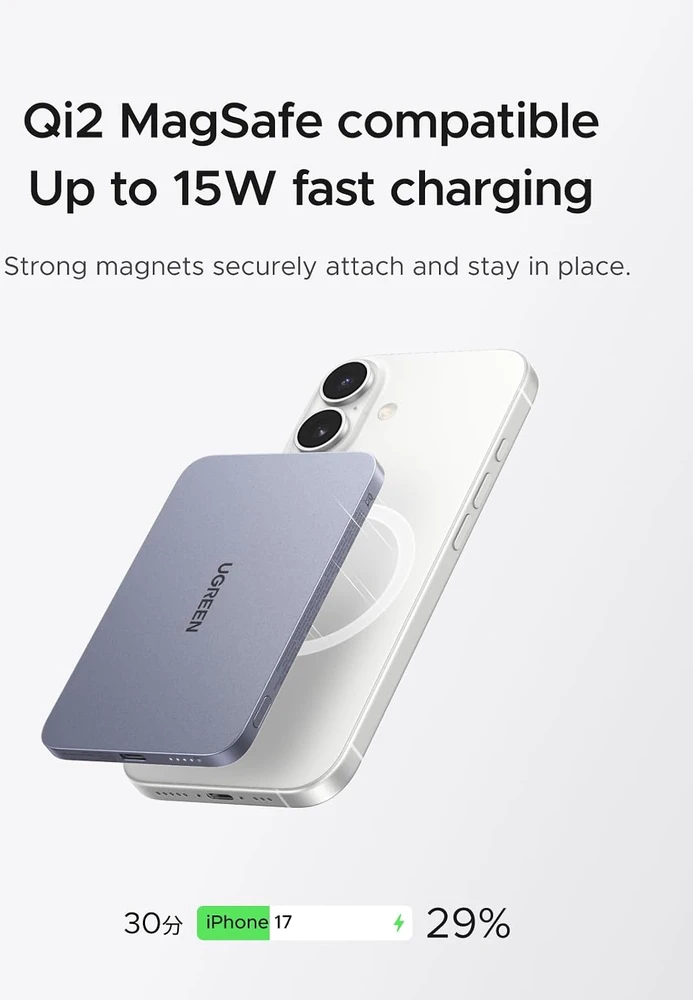 UGREEN magnetinis belaidis išorinis akumuliatorius MagFlow Air 5000 mAh Qi2 15 W PB580