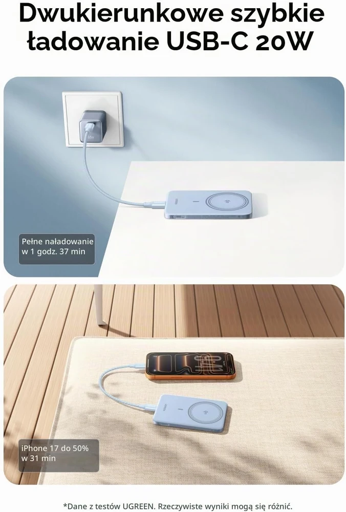 UGREEN magnetinis belaidis išorinis akumuliatorius 5000 mAh Qi2 15 W USB-C PB580