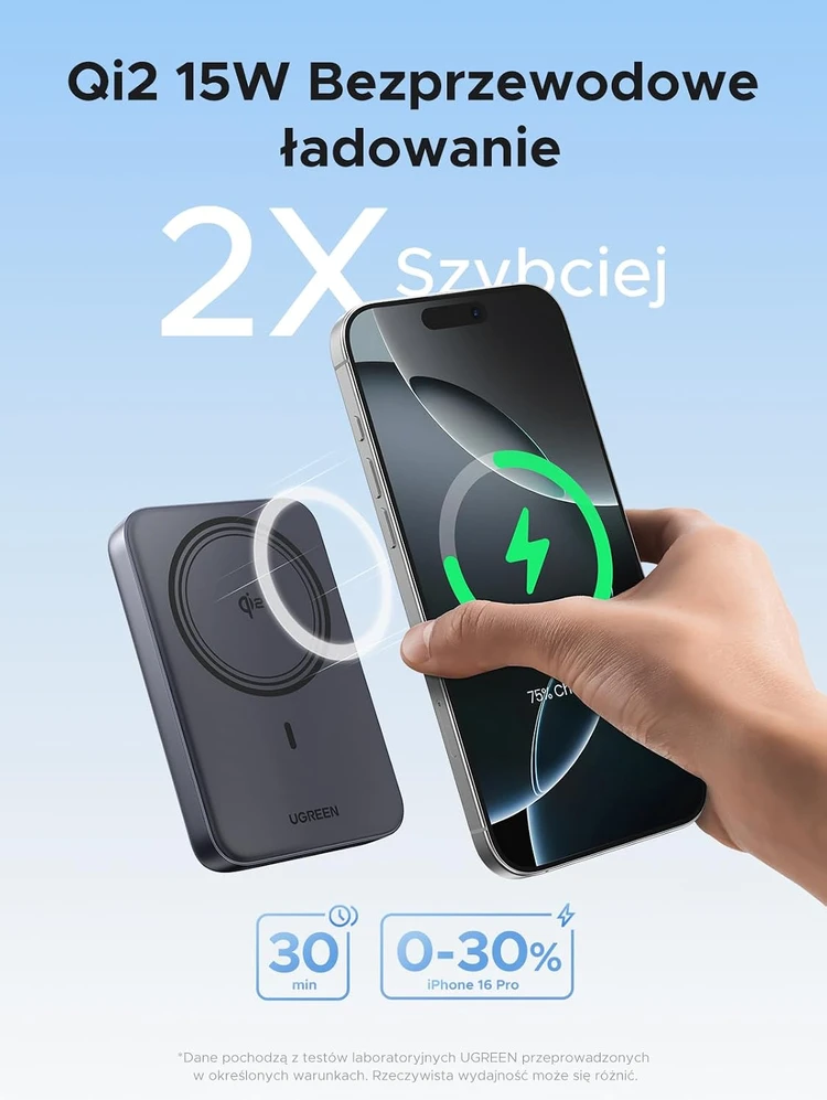 UGREEN magnetinis belaidis išorinis akumuliatorius 10000 mAh Qi2 15 W, USB-C 20 W PB763
