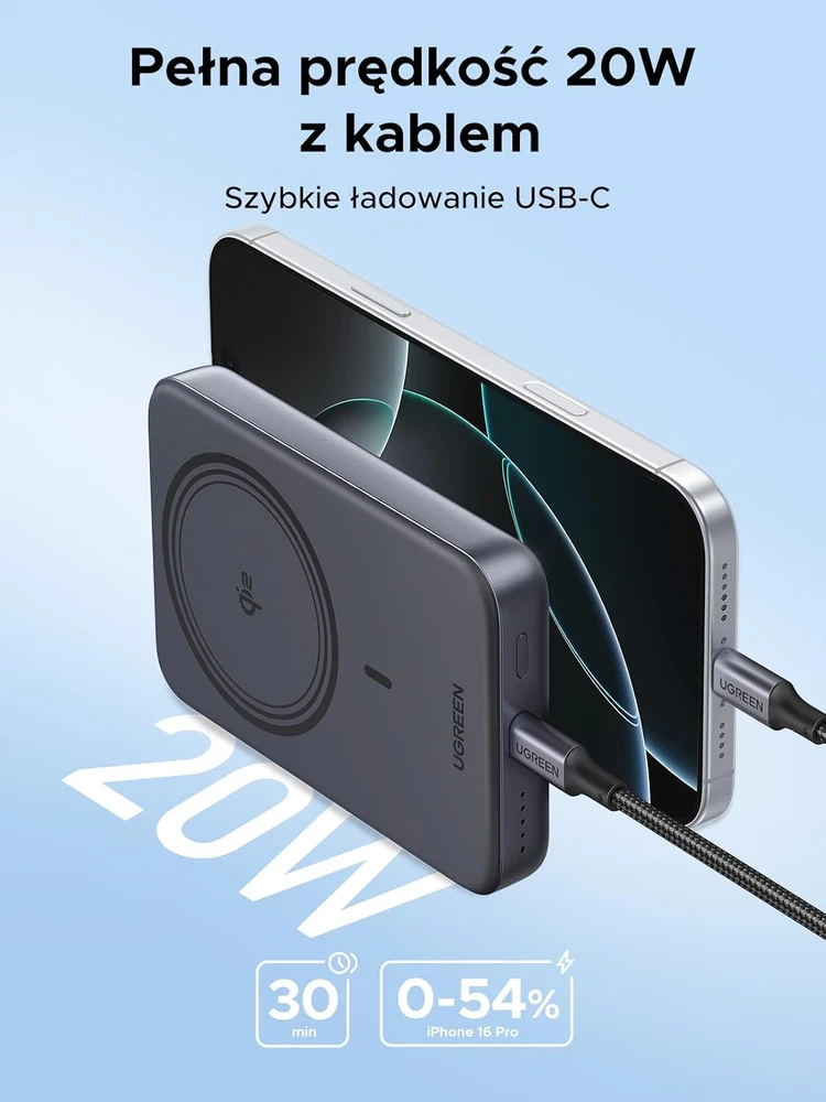 UGREEN magnetinis belaidis išorinis akumuliatorius 10000 mAh Qi2 15 W, USB-C 20 W PB763