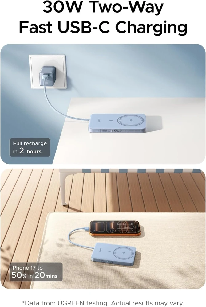 UGREEN magnetinis powerbankas 10000 mAh Qi2 15 W su USB-C laidu PB570
