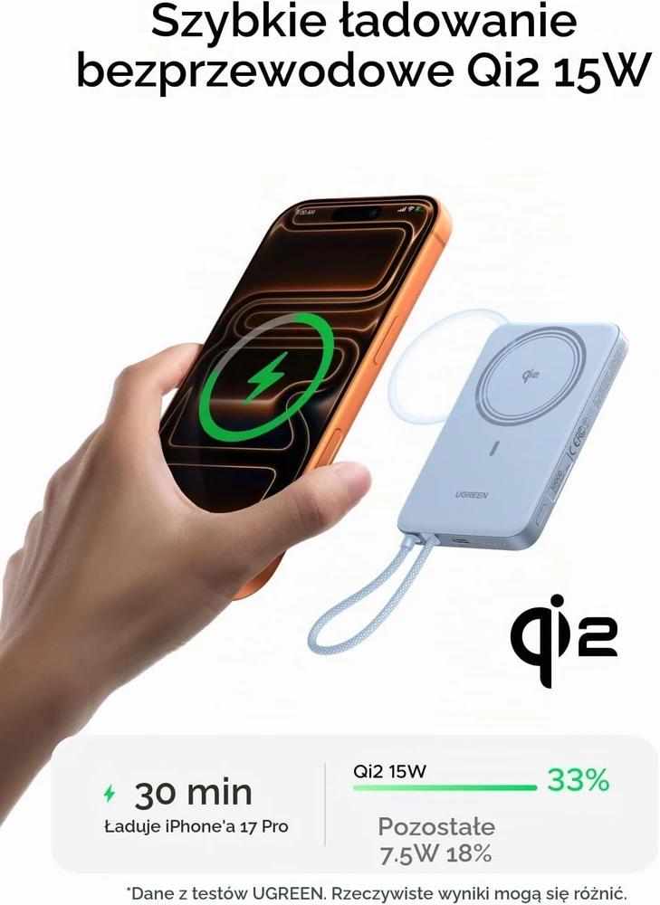 UGREEN magnetinis powerbankas 10000 mAh Qi2 15 W su USB-C laidu PB570