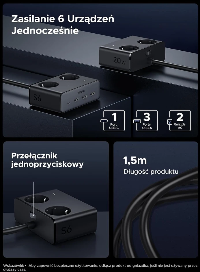 UGREEN maitinimo juosta 6 viename su 2 Schuko lizdais ir USB-C 20 W 45035