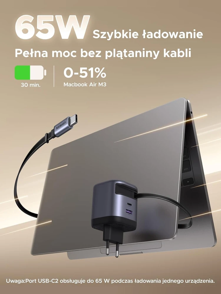 UGREEN Nexode GaN tinklo įkroviklis 65 W su ištraukiamu USB-C laidu, 3 prievadai, 55900