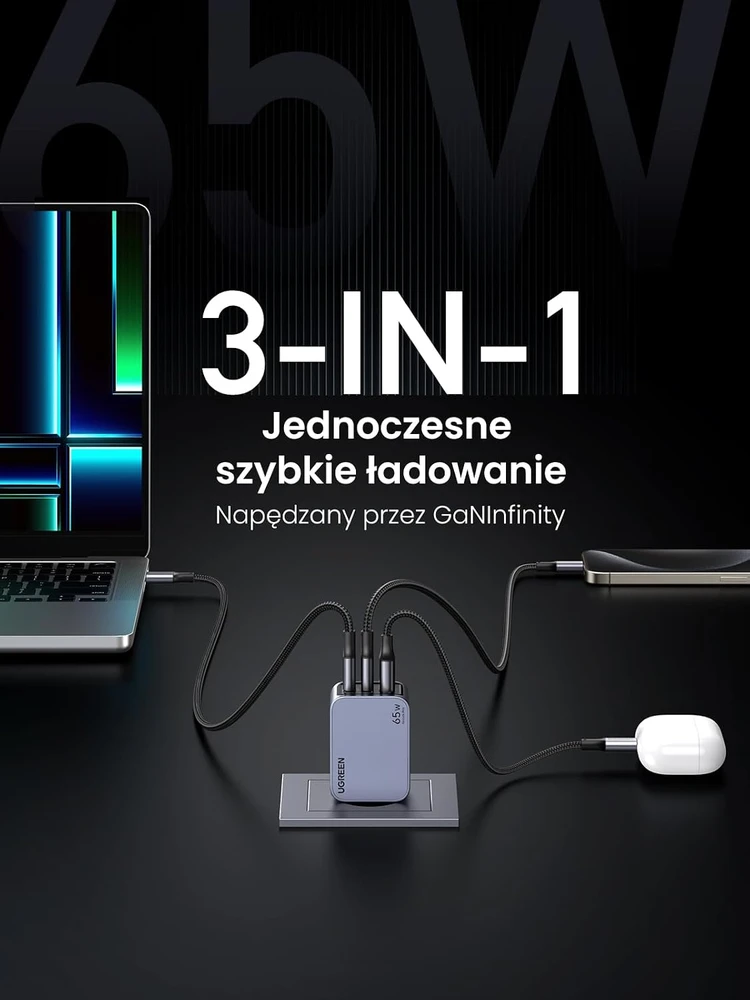 UGREEN Nexode Pro GaN tinklo įkroviklis 65 W su 2 USB-C ir USB-A jungtimis, 25261