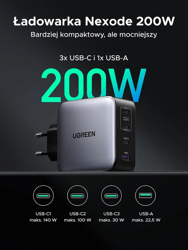 UGREEN Nexode tinklo įkroviklis 200 W su 4 USB jungtimis ir PD 3.1 140 W X764