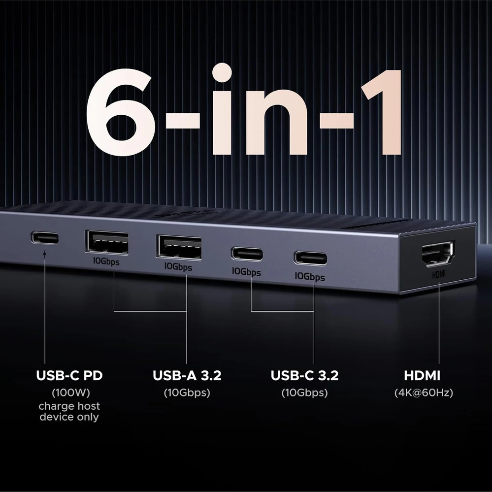 UGREEN Revodok 106 USB-C šakotuvas su HDMI 4K 60 Hz, 10 Gb/s ir PD 100 W AMUH12H