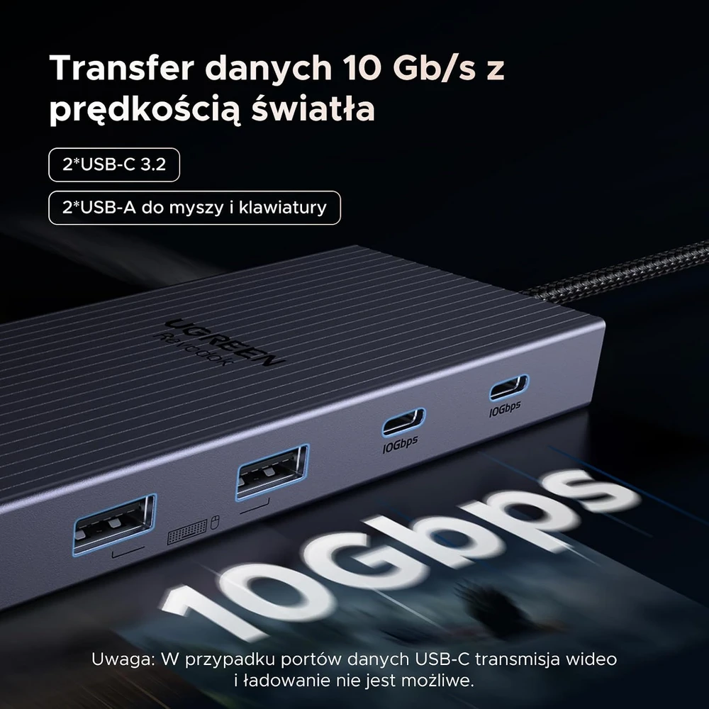 UGREEN Revodok Pro USB-C dokavimo stotelė 11 prievadų, 10 Gb/s, dviem 4K monitoriams, 55766