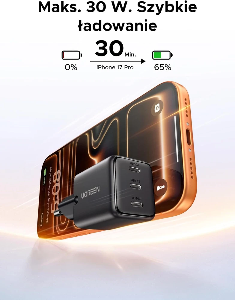 UGREEN tinklo įkroviklis USB-C 30 W su 3 USB-C prievadais, GaN, 85075