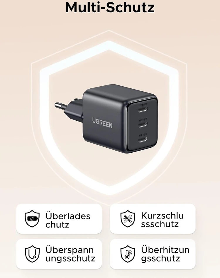 UGREEN tinklo įkroviklis USB-C 30 W su 3 USB-C prievadais, GaN, 85075