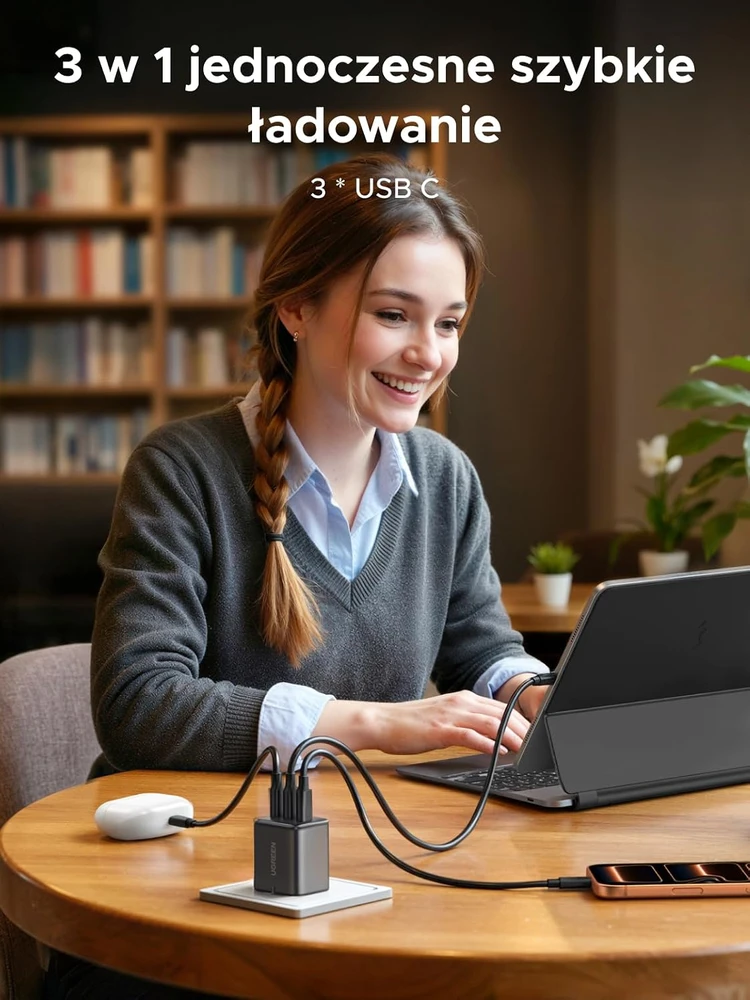 UGREEN tinklo įkroviklis USB-C 30 W su 3 USB-C prievadais, GaN, 85075