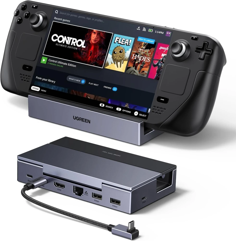 Doko stotelė Ugreen CM800, 6-in-1, skirta nešiojamoms konsolėms Steam Deck / Asus ROG Ally, USB-C į HDMI 4K 120Hz, 2x USB, USB-C, RJ45 (pilka)