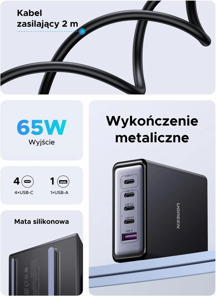 UGREEN USB-C įkrovimo stotelė 65 W su 5 USB jungtimis ir 2 m laidu, 65195