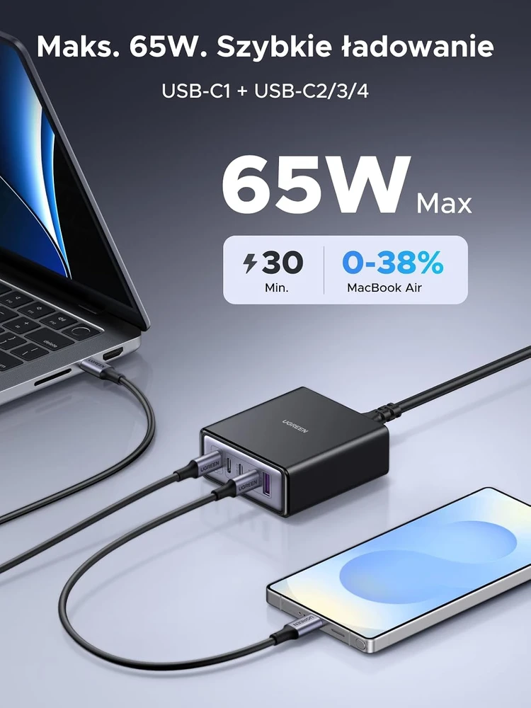 UGREEN USB-C įkrovimo stotelė 65 W su 5 USB jungtimis ir 2 m laidu, 65195