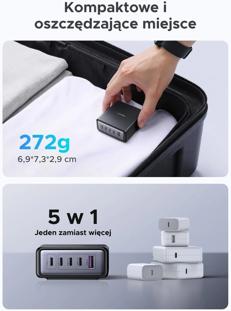 UGREEN USB-C įkrovimo stotelė 65 W su 5 USB jungtimis ir 2 m laidu, 65195