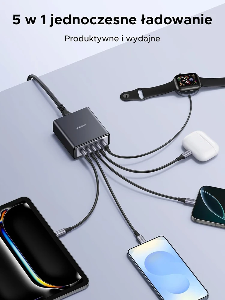 UGREEN USB-C įkrovimo stotelė 65 W su 5 USB jungtimis ir 2 m laidu, 65195