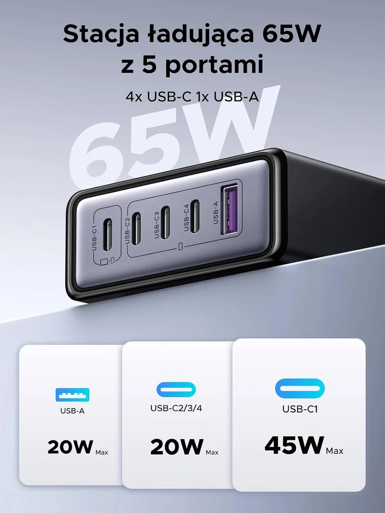 UGREEN USB-C įkrovimo stotelė 65 W su 5 USB jungtimis ir 2 m laidu, 65195
