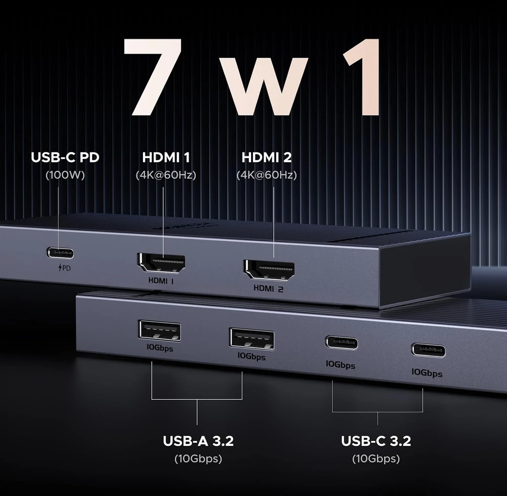 UGREEN USB-C prijungimo stotelė su 2 HDMI 4K 60 Hz, 4 USB 3.2 ir PD 100 W, 45365