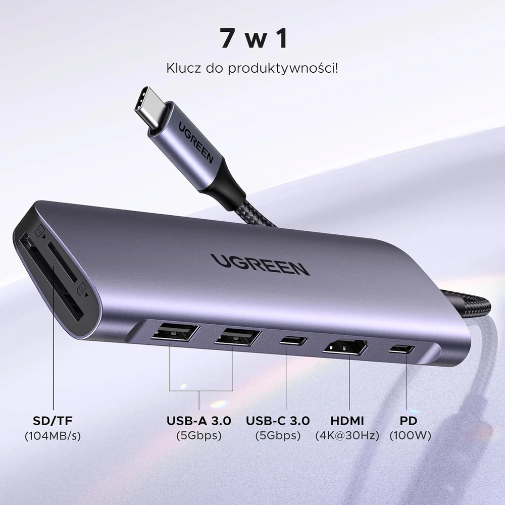 Adapteris HUB UGREEN CM195 USB-C prie HDMI, 2x USB-A 3.0, SD/TF, PD