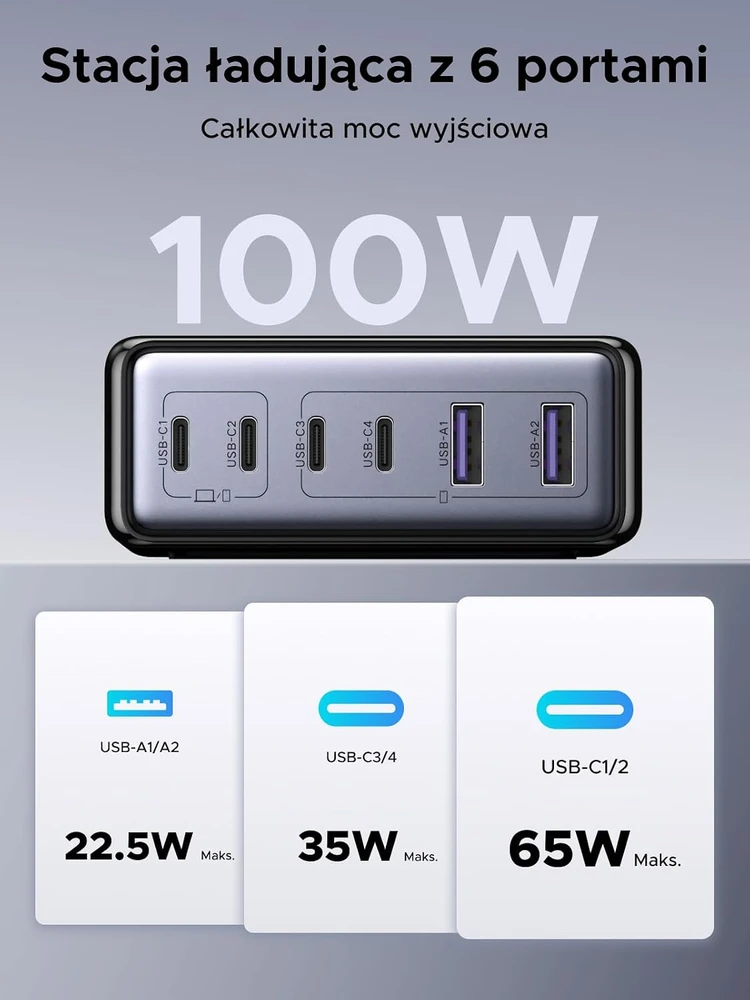 UGREEN USB-C stalinė įkrovimo stotelė 100 W, 6 prievadų, modelis 65190