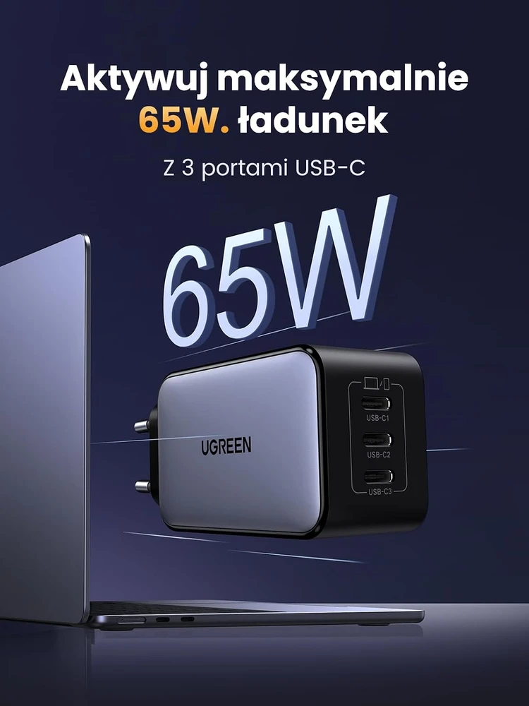 UGREEN USB-C tinklo įkroviklis 65 W su 3 USB-C prievadais, modelis 35529