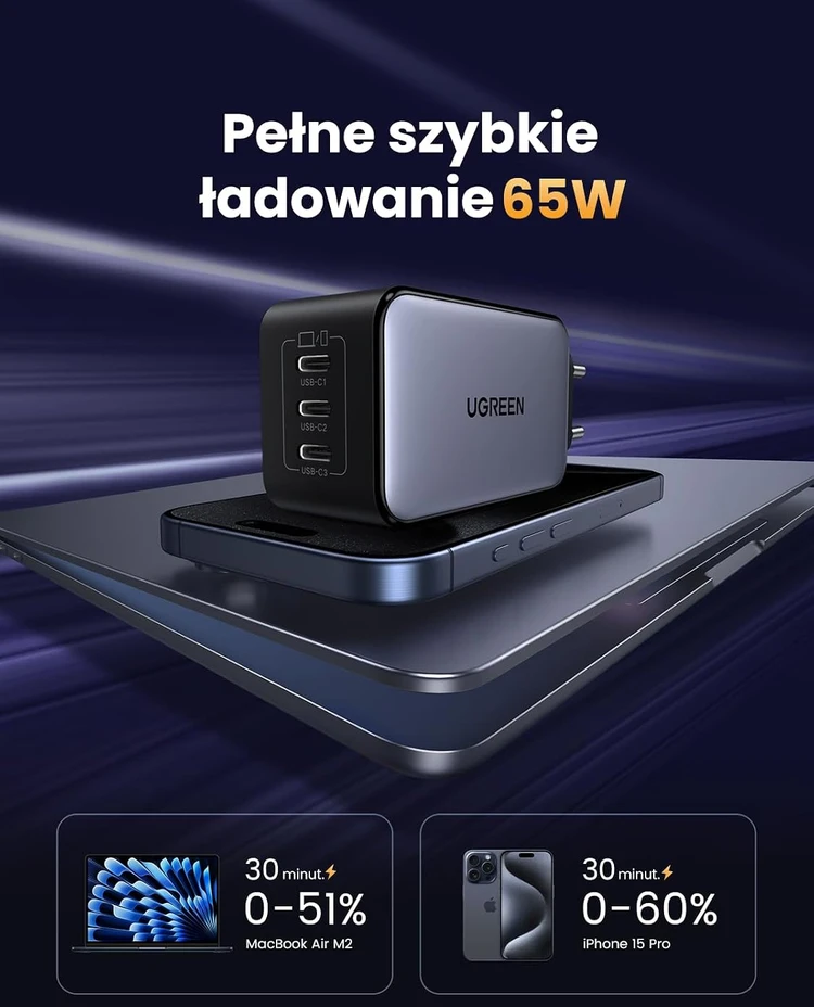 UGREEN USB-C tinklo įkroviklis 65 W su 3 USB-C prievadais, modelis 35529