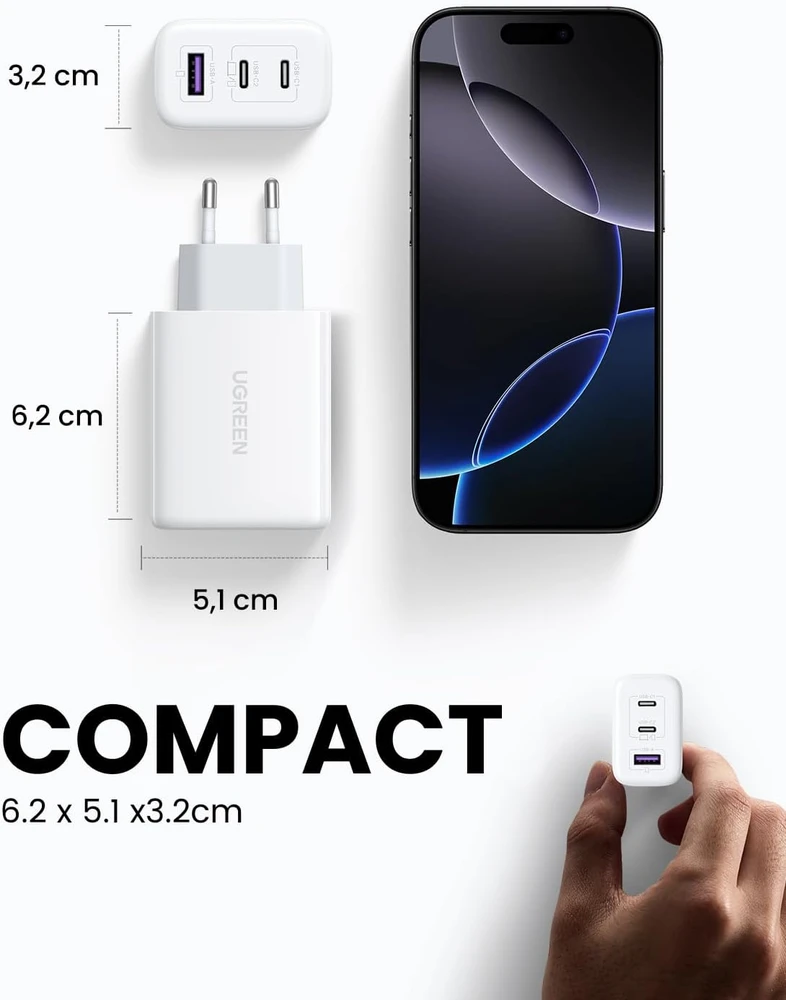 UGREEN USB-C tinklo įkroviklis 65 W su 3 prievadais ir PPS, CD275