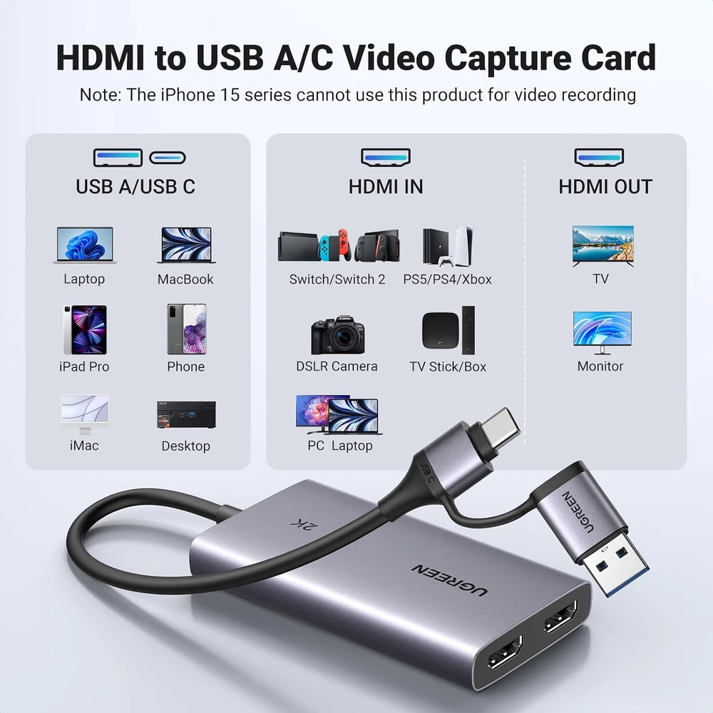UGREEN vaizdo fiksavimo kortelė su HDMI 4K30Hz kilpiniu išėjimu ir USB 2K30Hz 25773