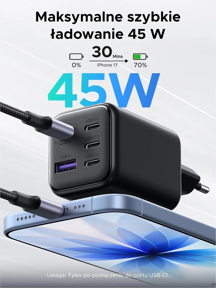 UGREEN Zapix 45 W GaN tinklo įkroviklis su 4 USB-C ir USB-A jungtimis, 85078