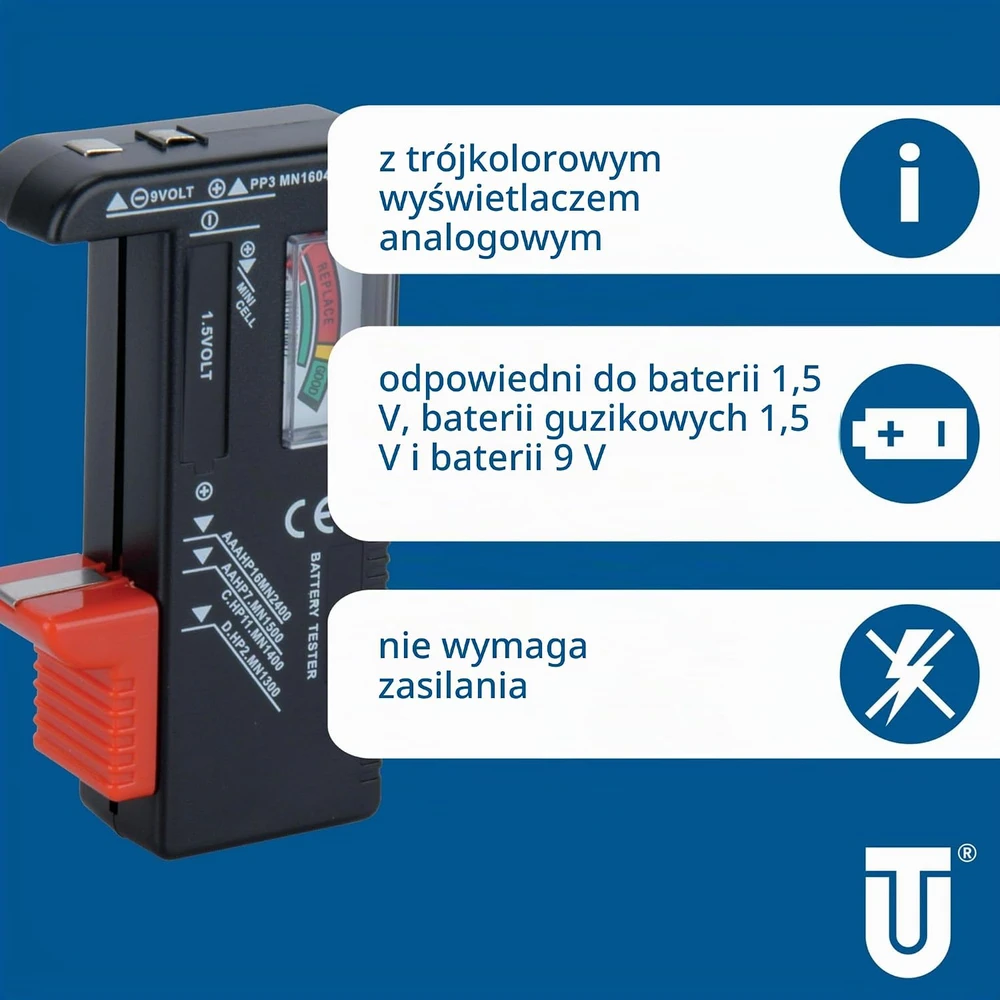 Unitec baterijų testeris 1,5 V ir 9 V su analoginiu trijų spalvų ekranu 46021