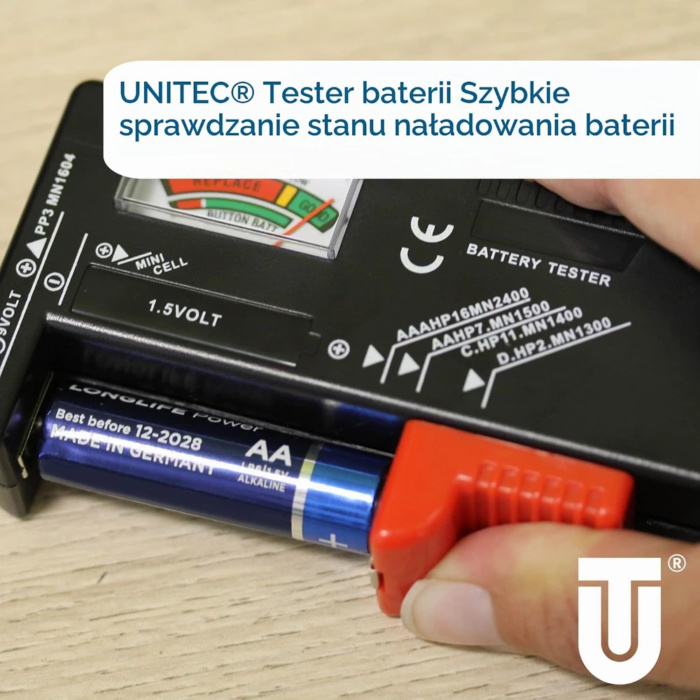 Unitec baterijų testeris 1,5 V ir 9 V su analoginiu trijų spalvų ekranu 46021