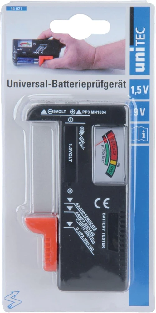 Unitec baterijų testeris 1,5 V ir 9 V su analoginiu trijų spalvų ekranu 46021