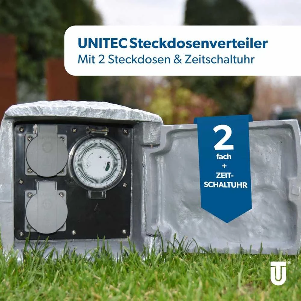 Unitec lauko elektros lizdų skirstytuvas, 2 lizdai, IP44, 1,5 m, akmens imitacija, 44244