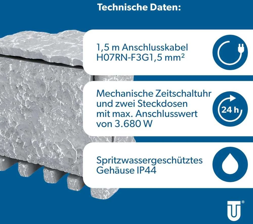 Unitec lauko elektros lizdų skirstytuvas, 2 lizdai, IP44, 1,5 m, akmens imitacija, 44244