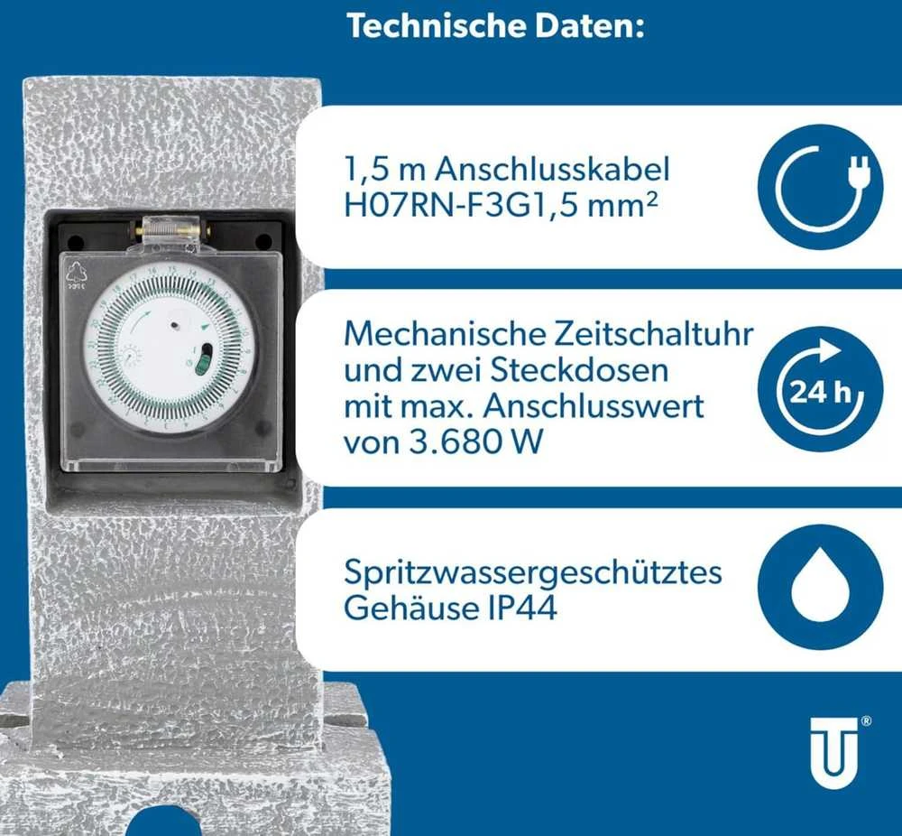Unitec lauko elektros lizdų skirstytuvas su laikmačiu, 2 lizdai, IP44, granitinis dizainas, 3680 W, 42443