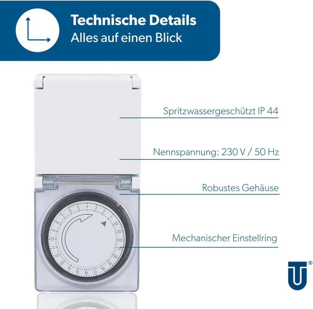 Unitec mechaninis dieninis laikmatis, IP44, 15 min intervalas, analoginis, baltas, 30981:UNITEC