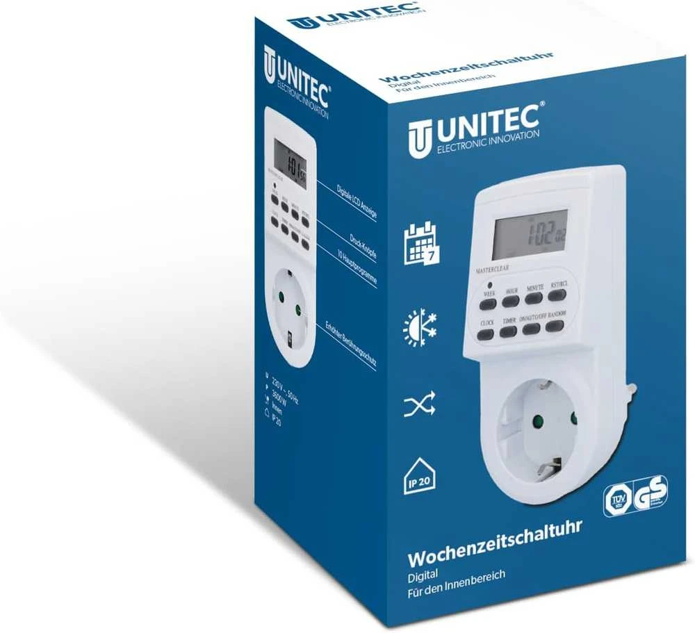 Unitec savaitinis skaitmeninis laikmatis su LCD ekranu, 8 programos, baltas, 30979:UNITEC