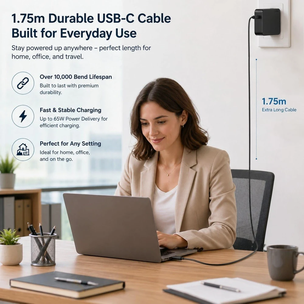 Universalus USB-C kroviklis nešiojamiesiems kompiuteriams, 65 W, Power Delivery, 1,75 m kabelis